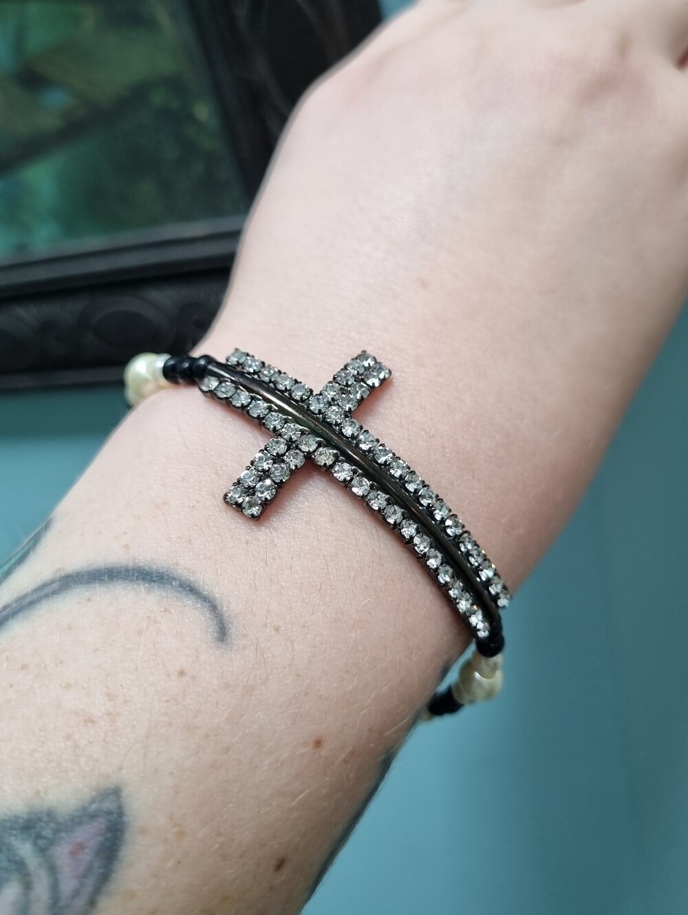 Bracelet | Black Glass Bead And Pearl Bracelet With Cross In Cyrstals